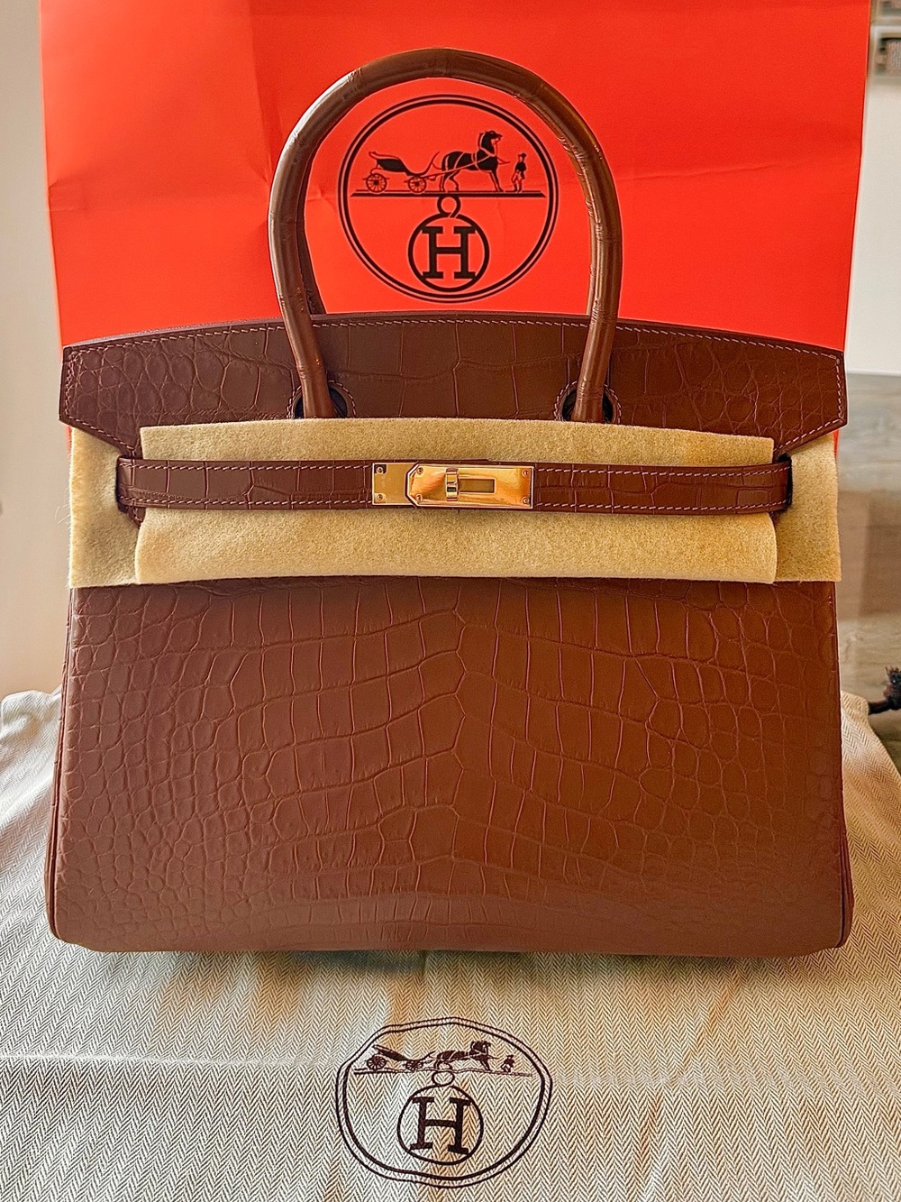 NWT: HERMÈS Birkin 30 Gold Matte Mississippiensis Alligator GHW